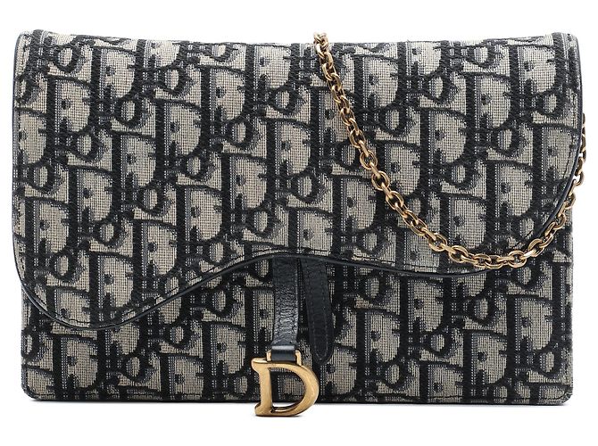 Dior Blue Oblique Canvas Saddle Pouch Wallet on Chain