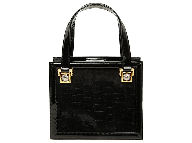 Bolsa Box Sunburst Versace em couro patente preto e couro de pônei