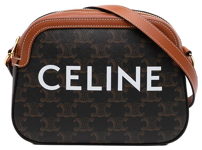 Céline Celine Bolsa Camera Small Triomphe em tela revestida marrom com logo Castanho escuro