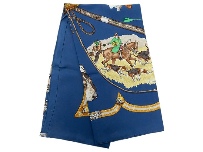 Lenço de seda Hermès Blue Le Laisser Courre 90 Azul Azul escuro