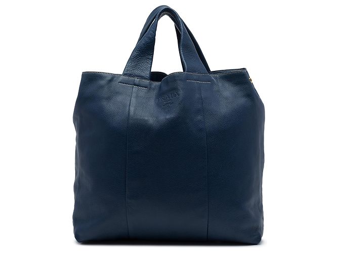 Prada Blue Vitello Daino Shopper Tote Dark blue