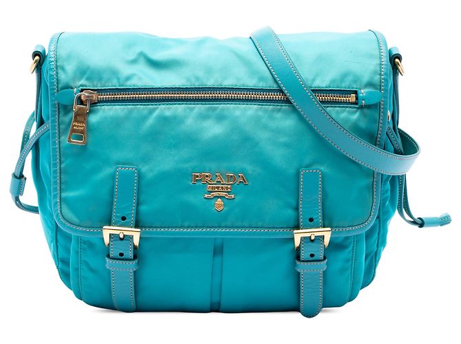 Bolsa Messenger Prada em Tessuto azul com acabamento em Saffiano, fecho de correr e fivela dupla Turquesa