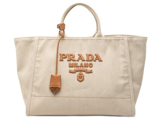 Prada Triangle Logo Plate Tote Bag Beige Cream