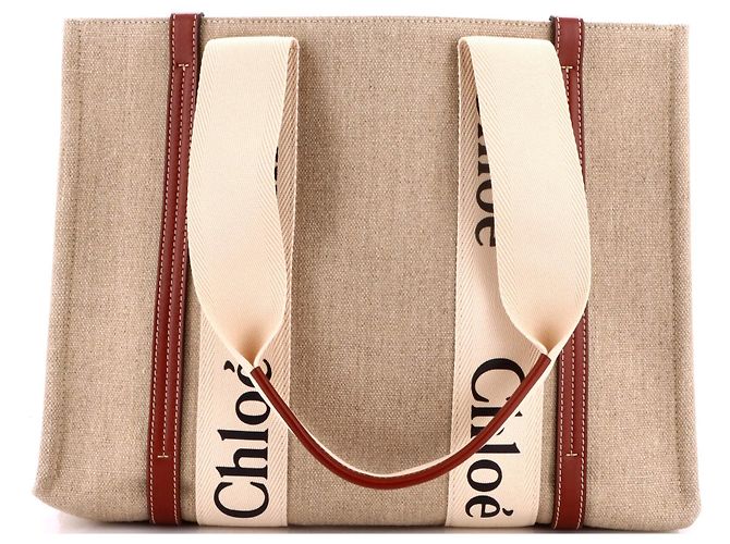 Chloé mala Woody Tote em lona e couro Medium Marrom