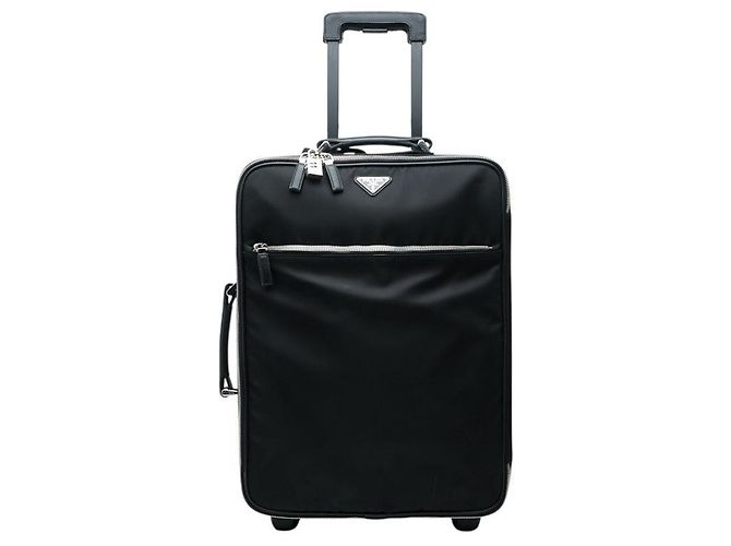 Double Prada Triangle Logo Plate Carry-on Suitcase Black
