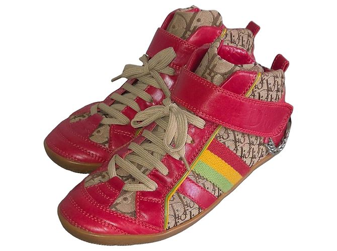 Christian Dior Dior Monogram High-Top-Sneaker aus rotem Leder und Canvas Beige