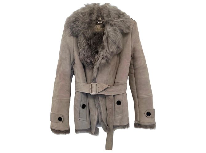 Burberry Giacca cinturata in shearling e pelle di agnello Grigio