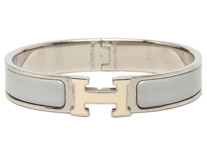 Hermès Pulsera de Esmalte Hermes Click H GM Castaño Plata Crudo