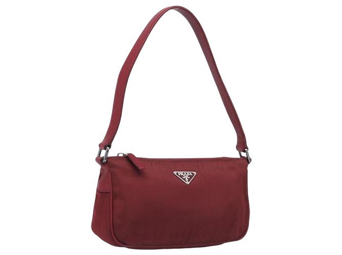 Sac à épaule PRADA Nylon Rouge Argent Auth 206730A Argenté