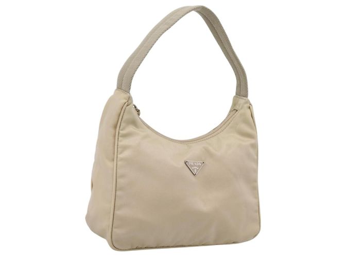 Bolsa de mão pochette PRADA Nylon Beige Silver Auth 206468A Prata Bege