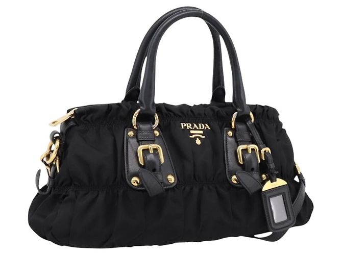 PRADA Handtasche gerafft Nylon 2way Schwarz Gold Auth BA16051A Golden