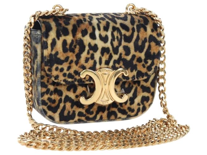 Céline Bolsa de Ombro com Corrente CELINE Velor Beige Gold Auth LN061M Bege Dourado