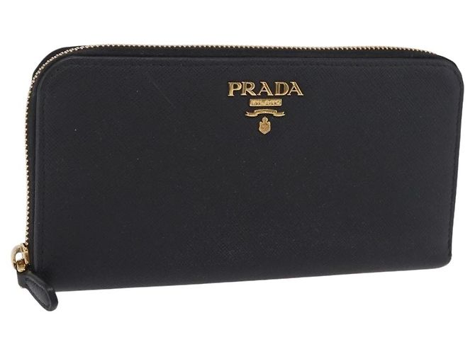 Saffiano Cartera larga PRADA de piel Safiano Negra Oro Auth 206459 Negro Dorado