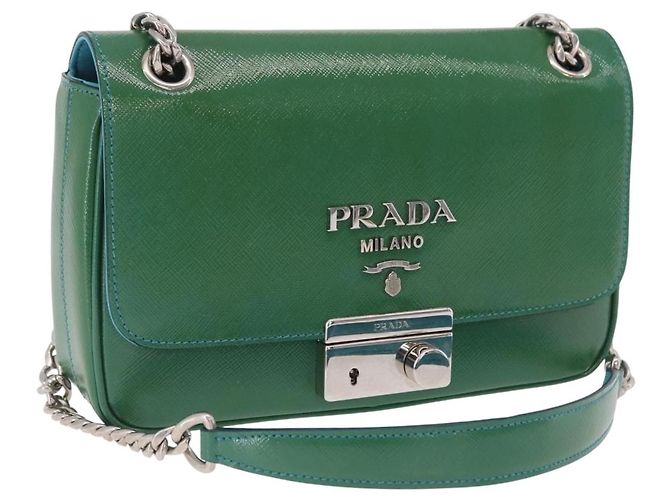 Saffiano Bolsa de Ombro com Corrente PRADA Couro Safiano Verde Prata Auth 207634V