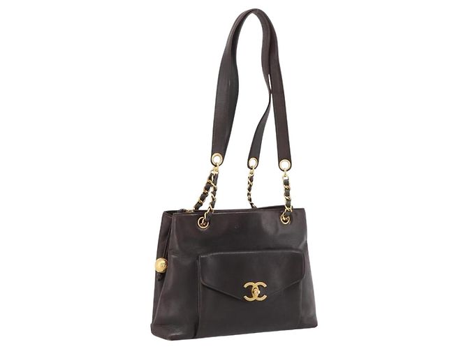 Sac Cabas à Chaîne CHANEL Cuir Noir Or CC Auth BA16063 Doré