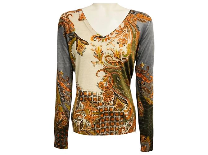 Etro Beige / Grey Multi Paisley Patterned Long Sleeved V-Neck Silk and Cashmere Knit Pullover Sweater Multicolore