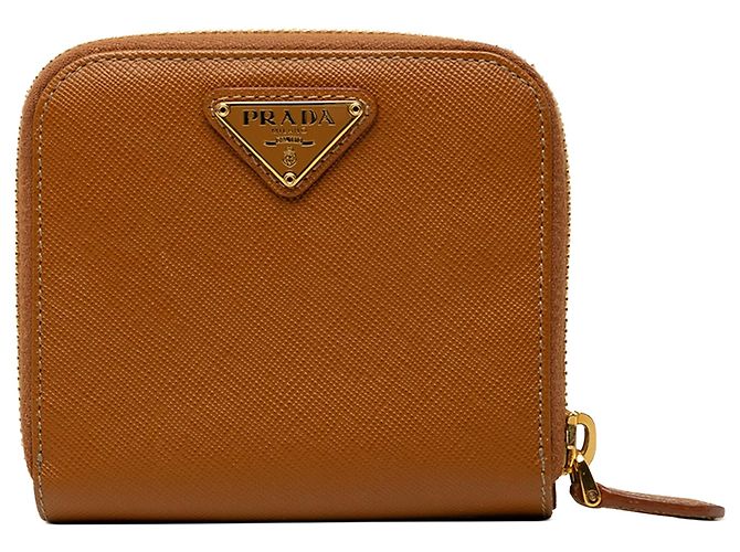 Brown Prada Saffiano Zip Around Compact Wallet Small Wallets