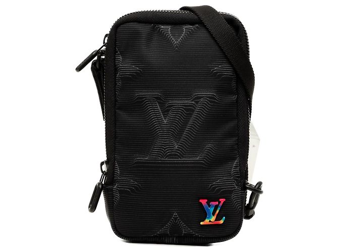 Borsa a tracolla doppia custodia per telefono Louis Vuitton Monogram Nylon 2054 Nera Nero