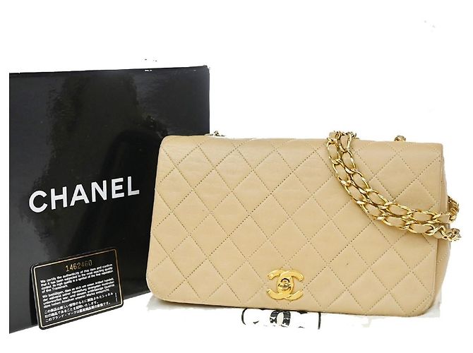 Chanel Vintage Full Flap Quilted Lambskin Medium Beige