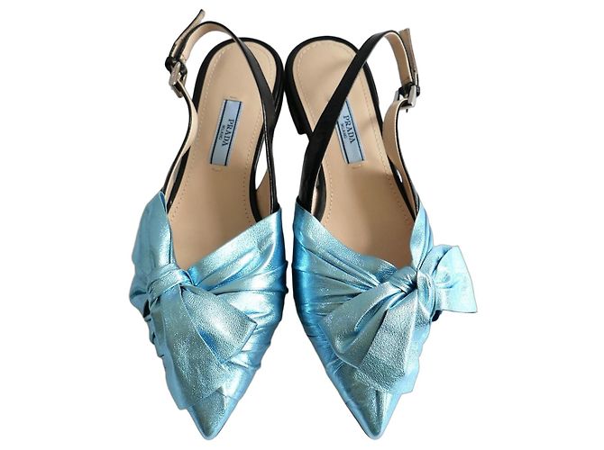 Prada Metallic Blue Bow Slingback Flats