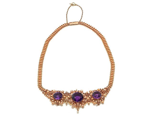 Autre Marque Collana antica con 3 ametiste e perle oro rosa 750/18K 40cm D'oro Porpora