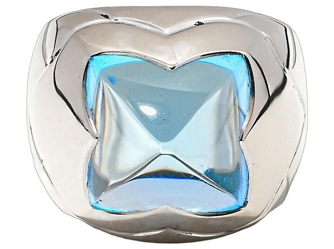 Bulgari Pyramide Ring White Gold 750/18K Blue Topaz Cocktail Ring Solid 16 g with Box Size 54