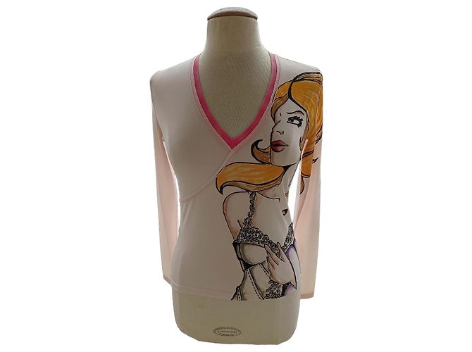 Ermanno Scervino Hellrosa Langarm-T-Shirt mit Illustration Pink Mehrfarben