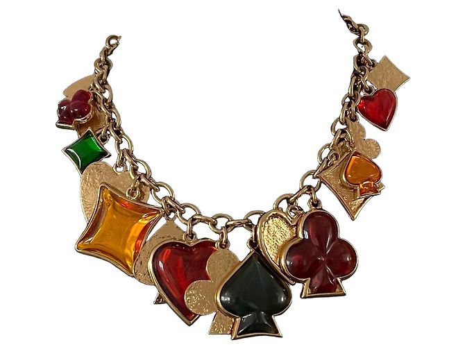 Collana Yves Saint Laurent Gioco di Carte Multicolore Rosso Verde Arancione Gold hardware