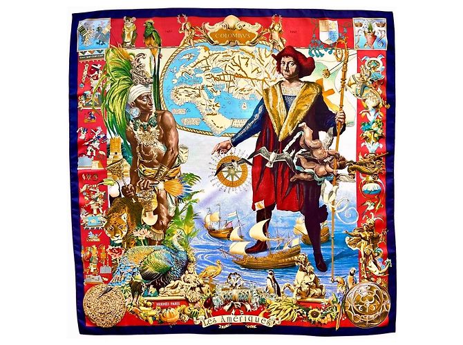 Hermès Pañuelo seda Les Amériques 90cm Oliver Kermit 1992 Multicolor