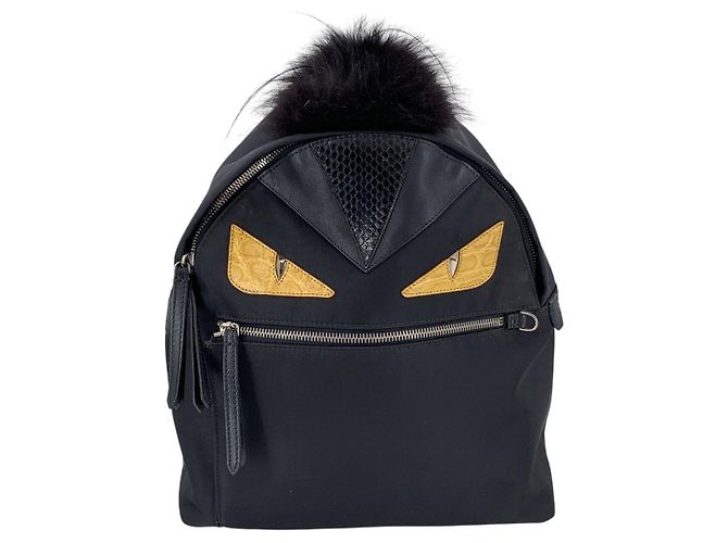 Bag Bugs Fendi Black Nylon Monster Bugs Eyes Backpack Shoulder Bag Fur Trimmed