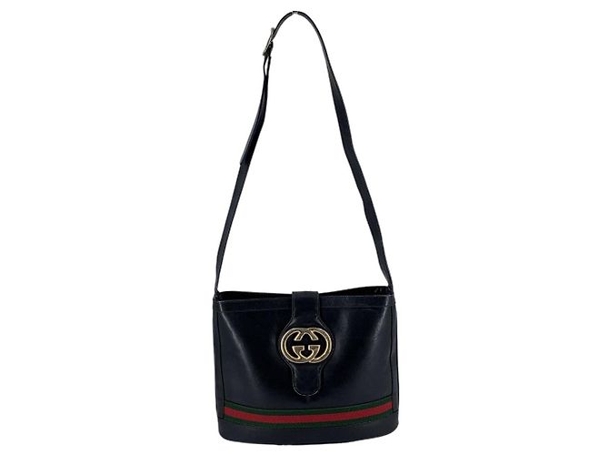 Gucci Sac à épaule Vintage en cuir noir avec motif GG entrelacé et sangle Web