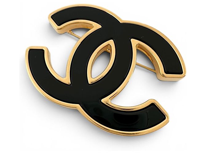 Chanel B24B plattierte Resin Coco Mark Brosche Schwarz Golden