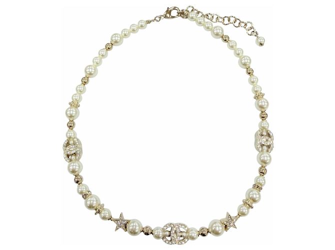 Collar CHANEL C23A Coco Mark Star Eco Pearl Rhinestone Blanco Dorado
