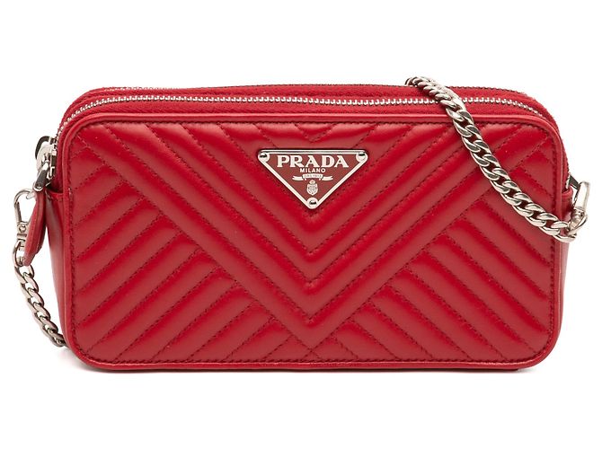 Sac Prada Red Mini Soft Calf Impunture Diagramme Double Zip Bag Rouge
