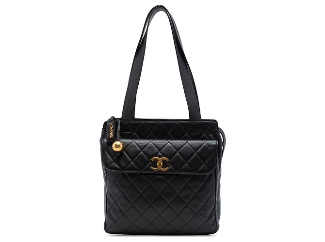 Chanel Black CC Quilted Lambskin Tote mit Fronttasche Schwarz