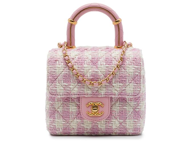 Chanel Pink Quilted Tweed Crush Top Handle Flap Rose