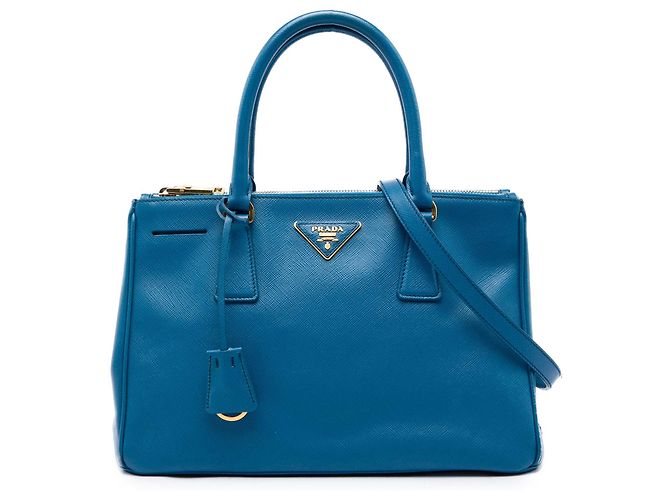 Prada Bolsa Galleria Double Zip Small em couro Saffiano Azul