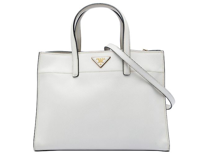 Prada White Saffiano Soft Triple Pocket Tote Weiß