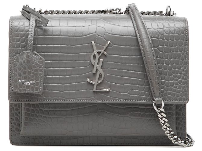 Autre Marque Saint Laurent Gray Medium Croc Embossed Leather Monogram Sunset Crossbody Marrone