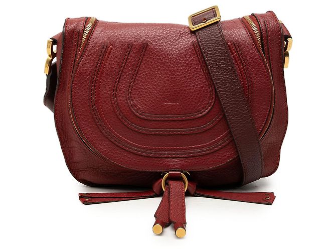 Chloé Red Medium Grained Calfskin Marcie Saddle Crossbody Roja Burdeos