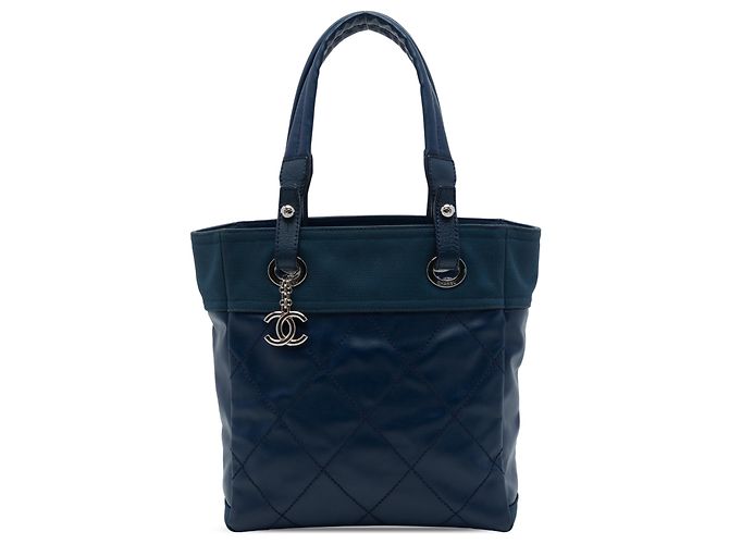 Sac Cabas Chanel Blue Small Quilted Coated Canvas Paris Biarritz Bleu Bleu Marine
