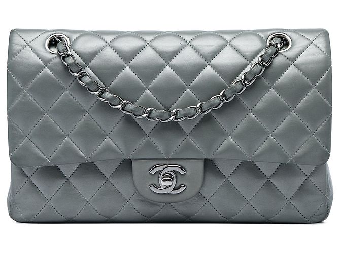 Chanel Silver Medium Classic Lambskin Double Flap Argenté