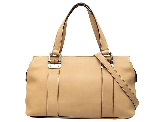 Bamboo Bolsa Satchel Gucci em couro de bezerro marrom com alça de bambu Bege