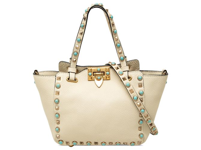 Bolsa Satchel Rolling Trapeze Rockstud em couro de bezerro granulado branco Valentino Mini