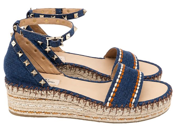 Sandali platform Valentino Garavani Rockstud in denim di cotone blu