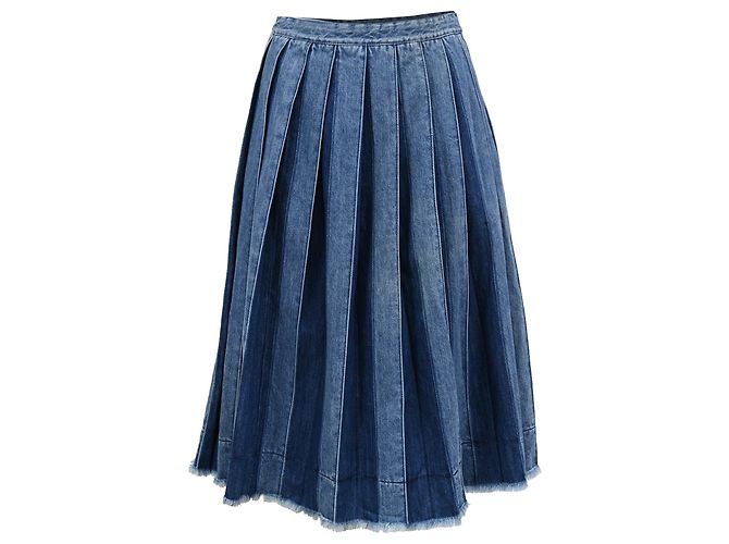 Saia midi plissada em denim azul de algodão Joseph