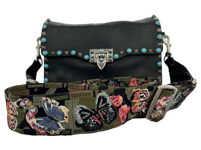 Bolsa de Ombro Rolling Rockstud Valentino Garavani em couro preto