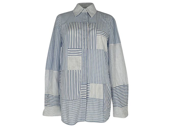 Camicia Gabriela Hearst Taj in cotone upcycled patchwork azzurro Blu Blu chiaro