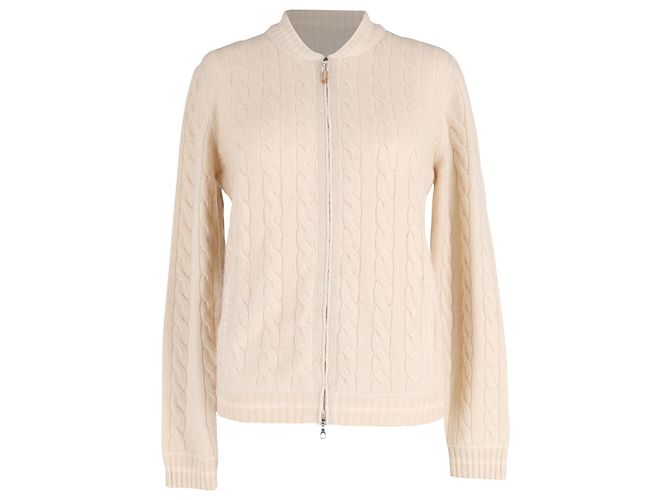 Brunello Cucinelli Zipp-Cardigan mit Zopfstrick aus cremefarbenem Kaschmir Weiß Roh