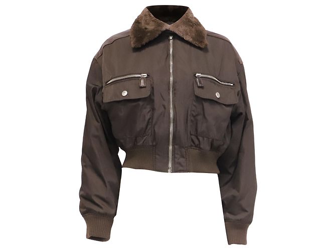 Prada Bomberjacke mit Pelzkragen aus braunem Polyester Rot